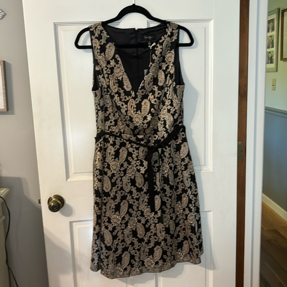 NWT Jessica Simpson print lined black/gold formal dress, fits Like size 10/11,